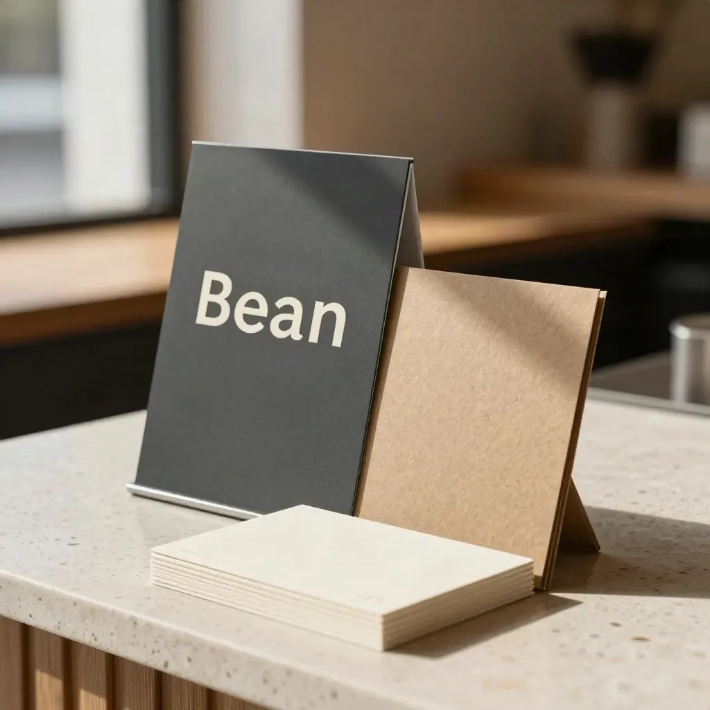 Café logo identity set with embossed cards and a kraft sleeve on a stone counter in soft morning light