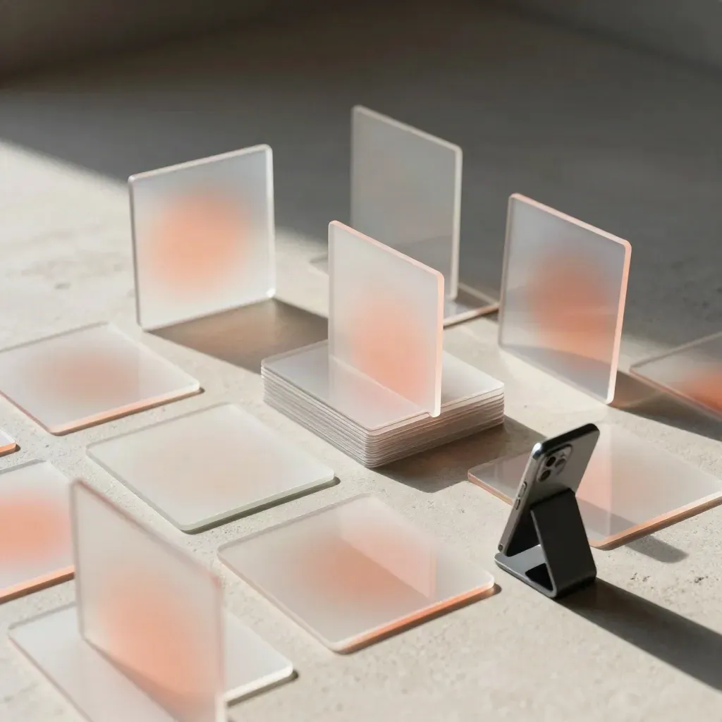 Social post mockup cards fan outward beside a small smartphone stand on plaster.