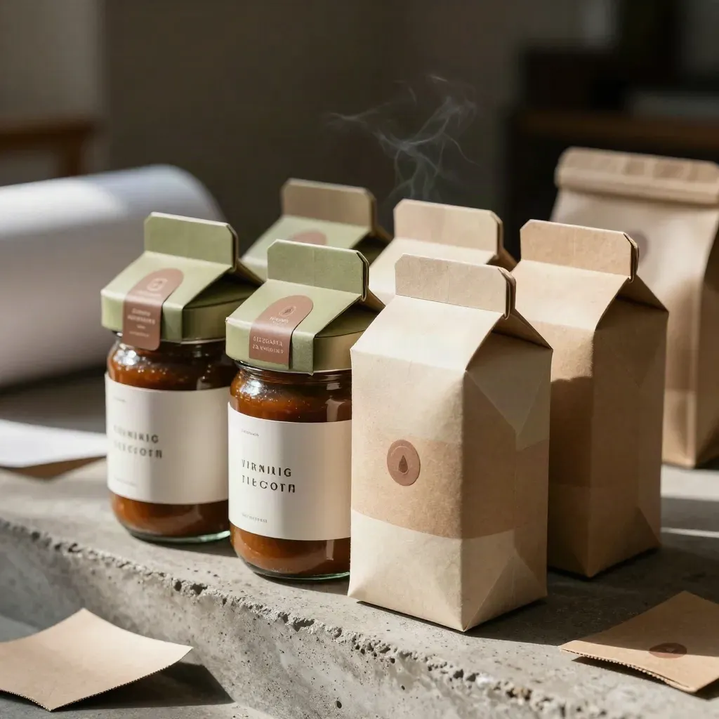 Packaging mockups: cartons, jar labels and pouch sleeves in moody studio light.
