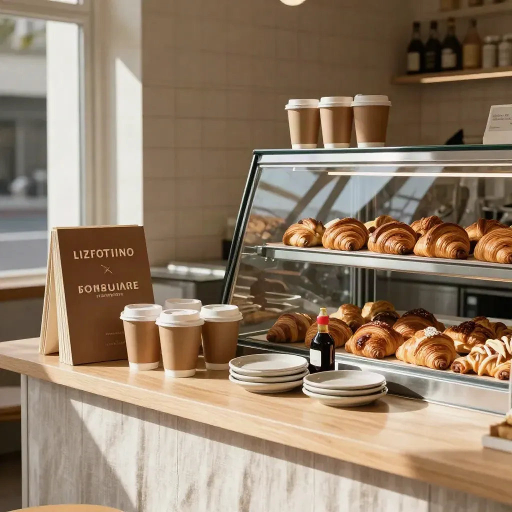 Refreshed café counter with menu sleeves, takeaway cups, and lit pastry case in warm daylight