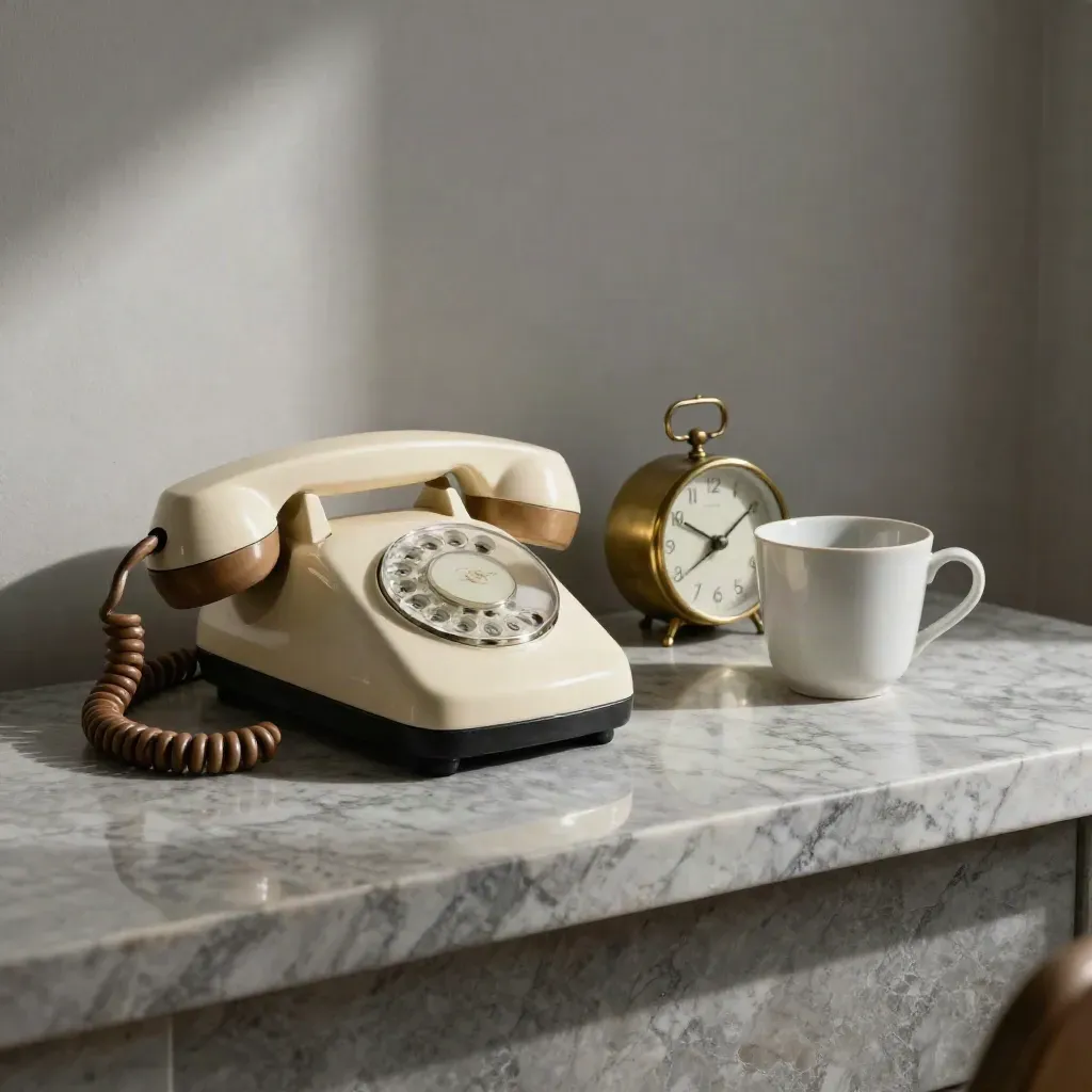 Vintage handset, brass clock and ceramic cup on marble tray in soft side light