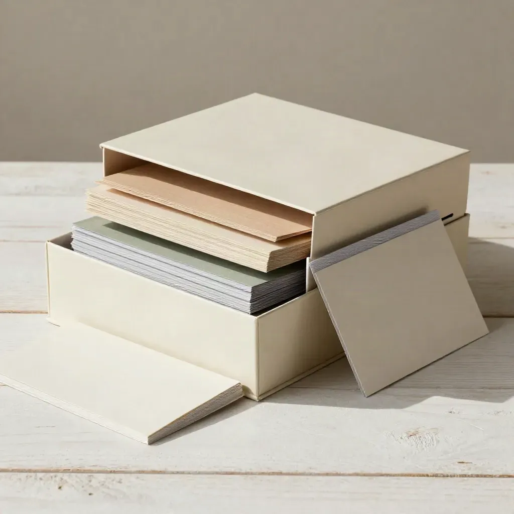 Nested sample boxes, tabbed folders, and a quote sleeve on pale wood in soft light