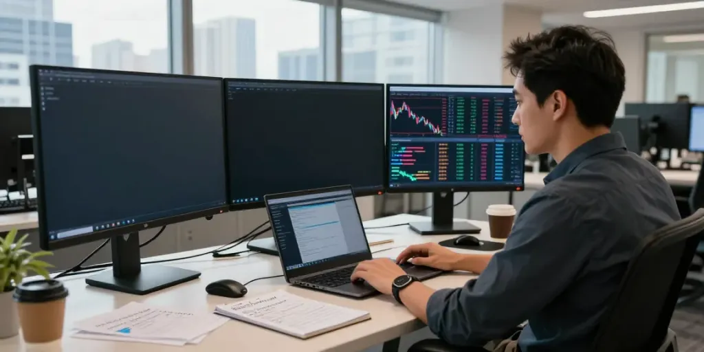 Trader analyzing market data on slatecapivex.ca in a modern office setting.
